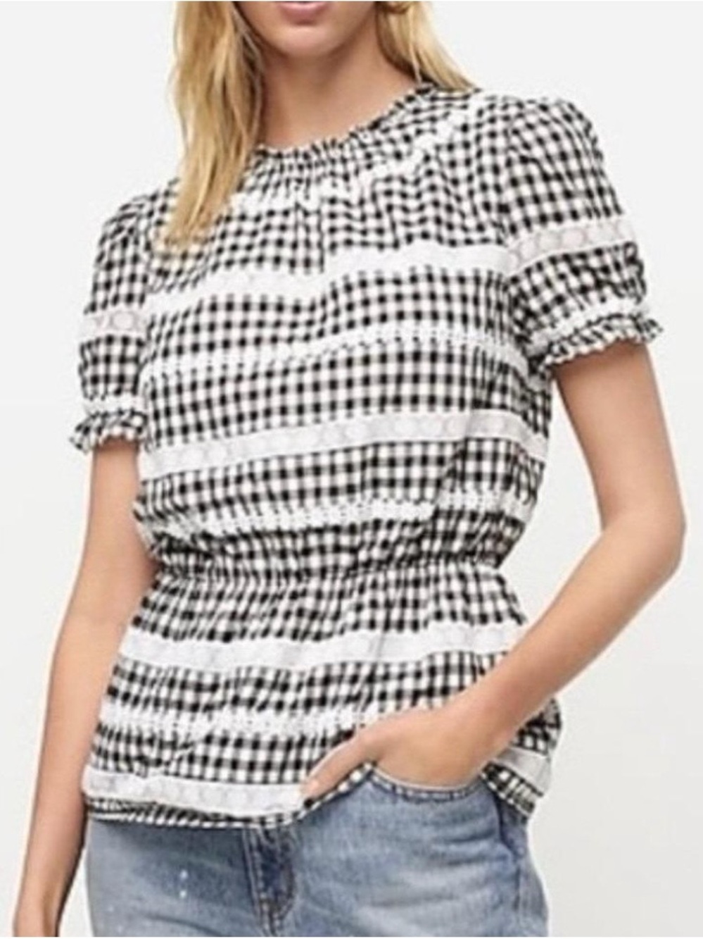 J. Crew Black and White Gingham Smocked Waist Puff Sleeve Top
